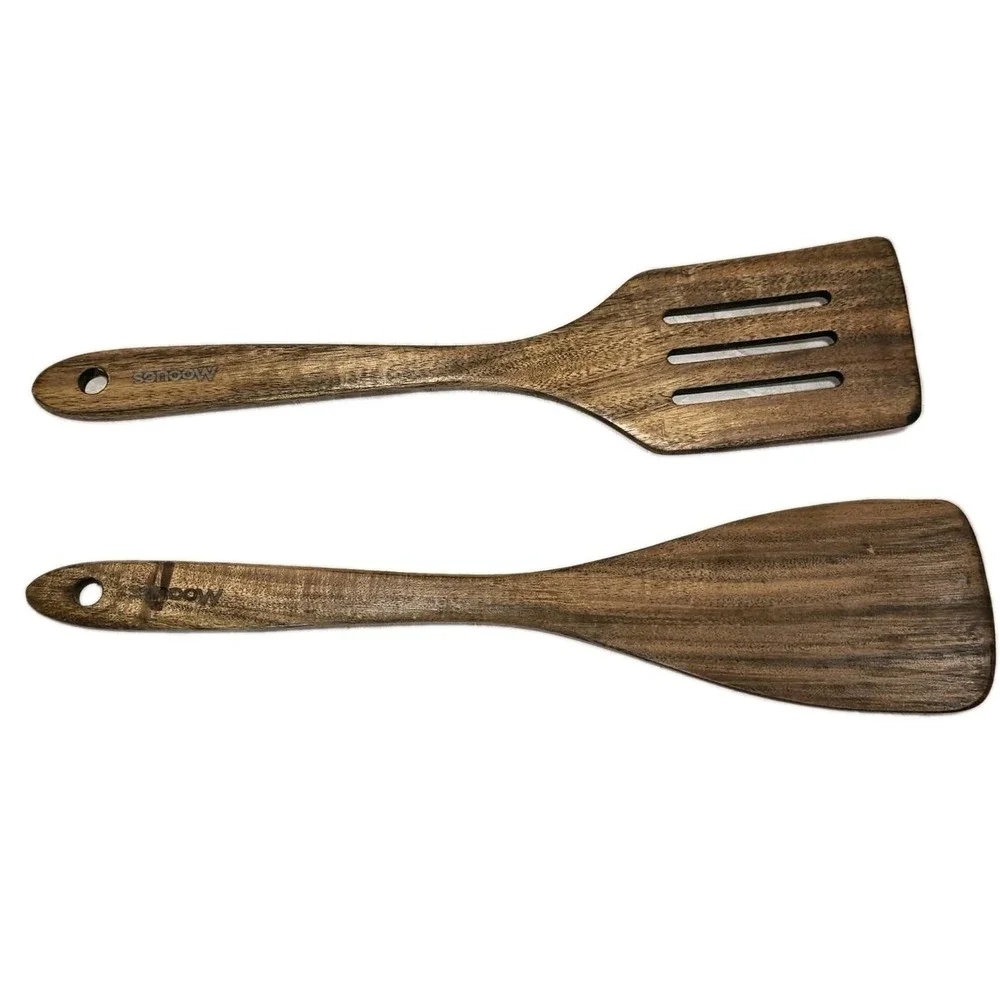 Mooues Acacia Wood Utensil Set w Holder 8pc GUC Rustic Kitchen 🍴